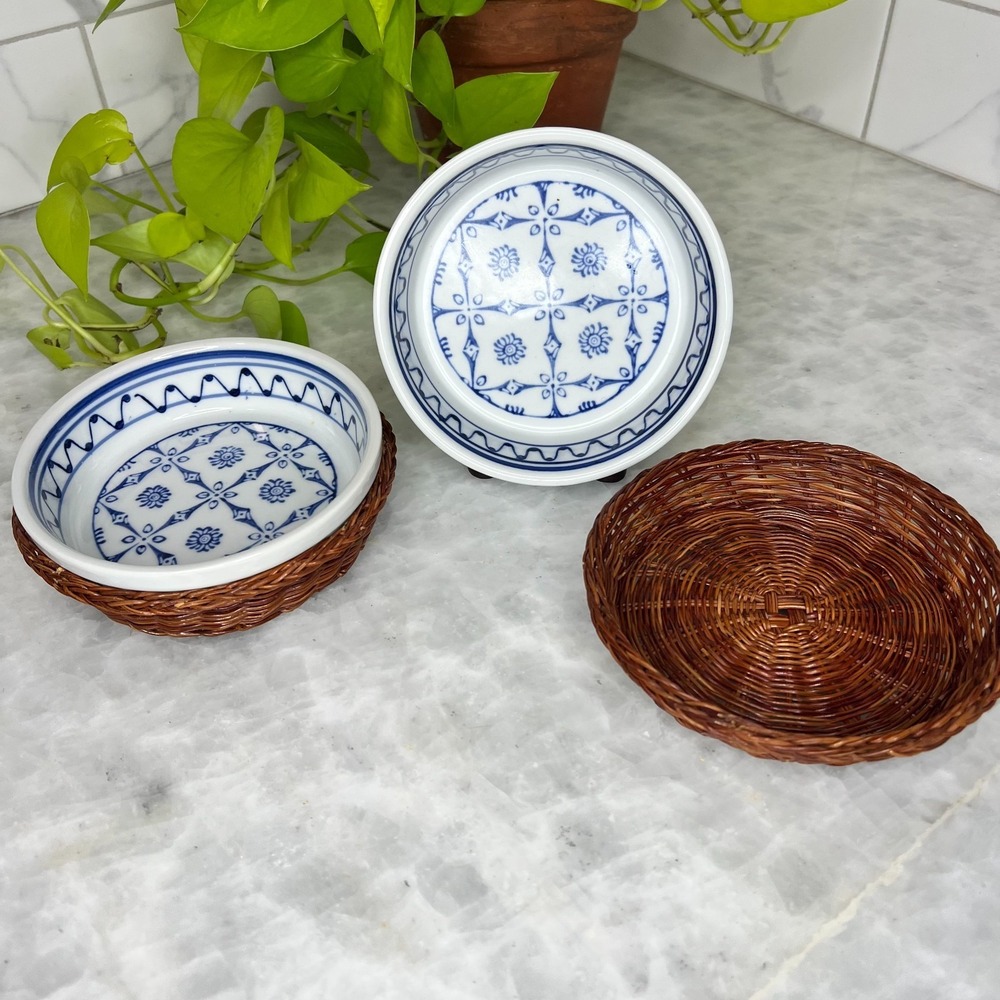 Cobalt Blue White Baking Dishes With Wicker Holder Coastal Cottage Decor Pair